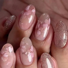 Pink Flower Press on Nails Nude Fake Nails with Gold Line Design Glitter Full Cover Glue on Nails Reusable Artificial Acrylic Glossy Stick on Nials Short Almond False Nails for Women manicure 24Pcs