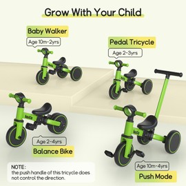 Bautia Kids Tricycle for Toddlers 1-3 with Push Handle, 5 in 1 Baby Balance Bike for 1-4 Years Old Boys Girls Gift with Removable Pedals (No Parent Steering Version)