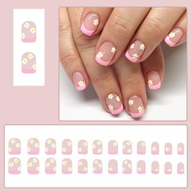 24Pcs Pink French Tip Press on Nails Short Square Fake Nails with Cute Flower Nails Design Glue on Nails Nude Pink Acrylic Nails Full Cover Spring False Nails Short Stick on Nails for Women Girls