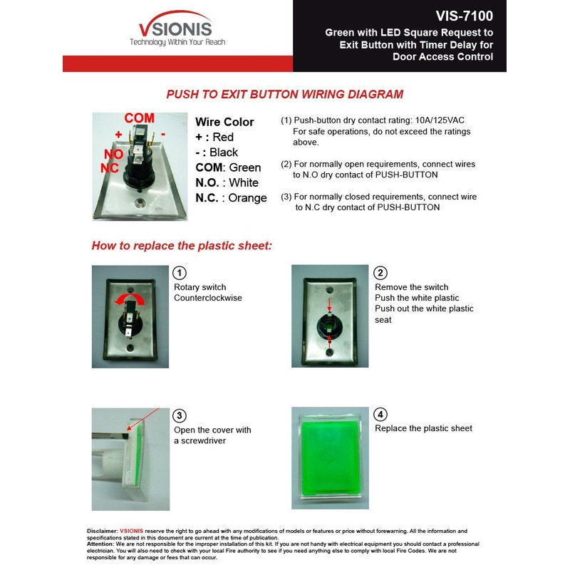 Visionis VIS-7100 Green LED Square Request Push to Exit Button