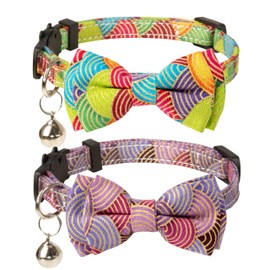 Gyapet Collar for Cats Pets Breakaway with Bell Bowtie Floral Bow Detachable Adjustable Safety Puppy 2pcs Vintage-Green & Purple