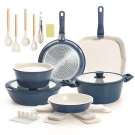 BECIGAR 23pcs Ceramic Pots and Pans Set, Nonstick Detachable Handle Cookware, Induction Kitchen Cooking Set with Removable Handle,include Frying Pans & Saucepans Oven Safe(Blue)