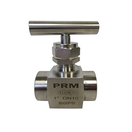 PRM 1 Inch Needle Valve, 304 Stainless Steel, T-Design Handle, PTFE Stem Seal, 6000 PSI, -65°F to 450°F Temperature Range