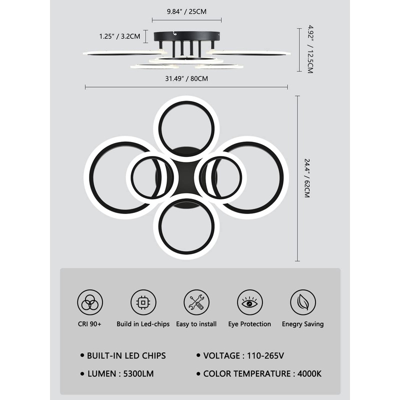 TEMINBU Modern LED Ceiling Light, Black 6 Rings Flush Mount
