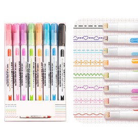 Coollooda Curve Pen, Highlighter Pen (Set of 8) Water-Based Pen, Roller Stamp Pen, Writing Instrument, Double-Ended, Quick Drying, Durable, Comfortable to Write, Convenient Storage, Gift, Flower