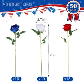 Hananona Artificial Roses in Bulk, Fake Velvet Silk Roses Realistic Roses for 4th July Wedding Centerpieces Independence Day Flower Arrangement Home Decor (50, Red, White, Blue)
