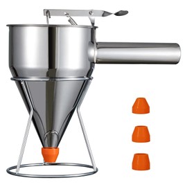 40oz Pancake Batter Dispenser with Squeeze Handle, Stainless Steel Cupcake Dispenser Set w/4 Caliber Nozzles, Stand, Mess-Free Batter Pourer for Pancakes, Waffles, Takoyaki