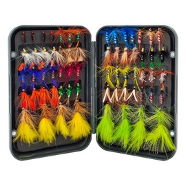 Fly Fishing Flies Kit with Fly Box, 64 Fly Fishing Flies Assortment for Bass Trout Salmon Fishing