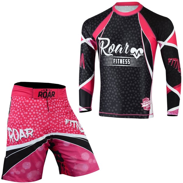 Roar No Gi Wear MMA Rash Guards & MMA Shorts Set BJJ Grappling Jitsu Training (Pink-Female, Large)