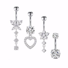 Cosmeria 4er Set Fake Bauchnabelpiercing, Silberfarbene Clip-On Bauchnabelpiercing Fakes mit Zirkonia-Verzierungen, Ideal für Partys und Alltag