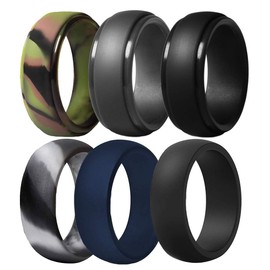 Anillo de boda de silicona para hombre, 6 unidades de bandas de silicona transpirables de silicona duradera – 8,7 mm de ancho (camuflaje, azul marino, gris oscuro, negro), Camo ,Blue,Dark Grey,Black, Size 9 - (18.95 mm)