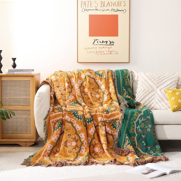 Y-PLWOMEN Orange Boho Throw Blanket, 100% Cotton Bohemian Blanket for
