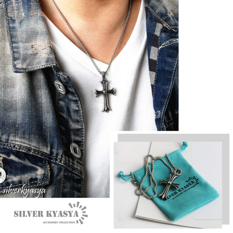 Silver KYASYA 316L Men's Necklace, Cross Pendant, Cross Necklace, Chain,