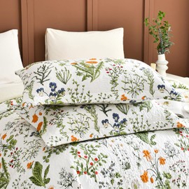 Sanracie 100% Cotton Standard Pillow Shams 20"x26", Yellow Flowers Green Plant Pattern Printed Quilted Pillow Covers Standard Size Soft Breathable Pillow Cases 2 Pcs