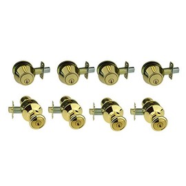 NU-Set Lock | Double Cylinder Deadbolt Keyed Alike Lock & Door Knob Combo | 4 Pack Door Knob & Deadbolt Lock Set | Home Improvement & Door Hardware (US3 Brass Finishing)