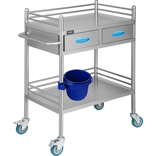 VEVOR Medical Cart, 2 Layers Stainless Steel Cart 220 lbs Weight Capacity,  Lab Utility Cart with 360° Silent Wheels and a Drawer for Lab, Clinic, Kitchen, Salon