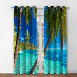 Jekeno Ocean Palm Tree Blackout Curtains Tropical Beach Theme Clear Sea Island View Seaside Scenery Print Grommet Window Drapes Decor for Bedroom Living Room Blue 2 Panel Set, 42"x84"