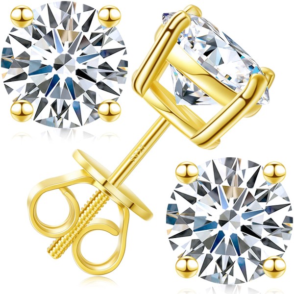 Moissanite Stud Earrings Screw Back 4.0CT 8MM*2 18K Yellow Gold