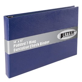 Better Office Products 7 Ring Executive Check Binder with Zipper Pouch, Padded Blue Textured Cover, for 9" x 13" 3 Per Page Business Checks, 600 Check Capacity Checkbook Holder