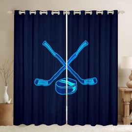 Feelyou Ice Hockey Curtains for Bedroom Living Room (2 Panels, 42 x 63 Inch) Ice Sports Games Blackout Curtains Kids Adults Hockey Player Darkening Dreapes Puck Hockey Blue Window Treatments