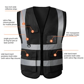 AKEIVN Hi Vis Vests for Women Men High Visibility Reflective Safety Security Vest with Pockets Zipper Front Meets ANSI/ISEA Standards（2X-Large, Black(cloth))