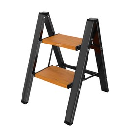 WOA WOA Step Ladder, Widening Pedals for Extra Balance, Lightweight Step Stool, Easy to Move Around, Foldable Ladder, Space Saving, Anti-Slip Stepladder 300 lbs Capacity (2 Step, Black & Wood Grain)