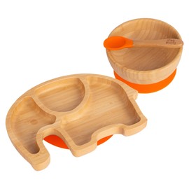 Tiny Dining Children's Bamboo Elephant Plate, Bowl and Spoon with Suction Cups - Segmented Design, Eco-friendly - Orange