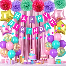 Birthday Decorations for Girls,Purple Teal Birthday Decorations for Women Girls with Purple Teal Pink Balloons Happy Birthday Banner Teal Fringe Curtain Tissue Paper Pompoms Star Garland