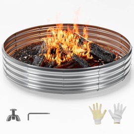 Mr IRONSTONE Outdoor Fire Pit Galvanized Fire Pit Ring, Foldable Outdoor/Camping/Gatherings 5 FT Diameter Fire Pit for Yard/Garden/Park/Beach, 60 Inches Fire Ring Pit, Silver