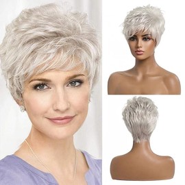 Short Silver Grey Hair Wigs for Women Blend Pixie Cut Wig With Bang,Natural Daily Use Hair