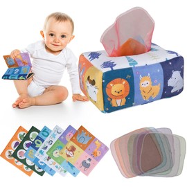 Baby Tissue Box Toy Soft Cute Cartoon Magic Tissue Box Preschool Children Sensory Development Toy with 3 Crinkle Tissues 8 Colorful Scarves for Baby Boy & Girl(Animal)
