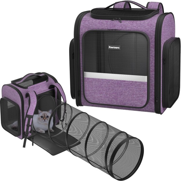 Pawtners Cat Carrier Backpacks with Expandable Cat Play Tunnel, Airline Approved Pet Backpack for Small Dogs & Large Cats Up to 25 Lbs, Foldable Cat Travel Carrier for Vet Hiking Camping-Purple