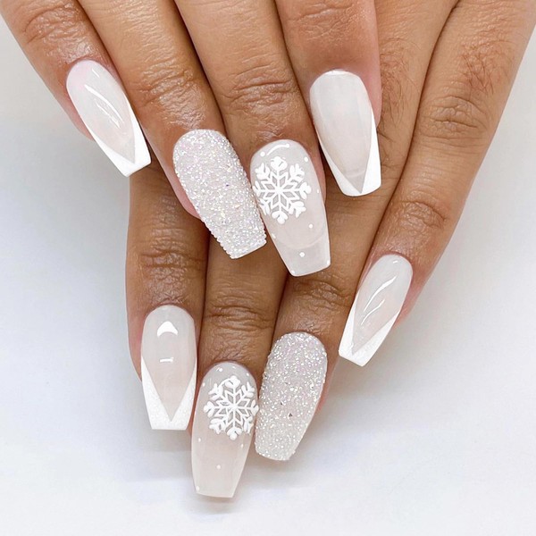 MERVF Christmas Press on Nails Long Coffin Fake Nails White