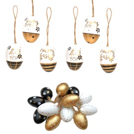 18 x Easter Eggs for Hanging Easter Decoration Outdoor Black White Gold Plastic (Floral)
