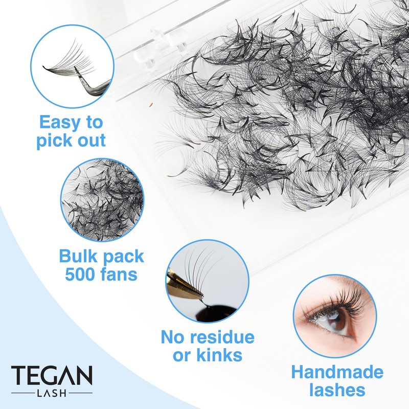 TEGAN LASH 500 Promade Fans Volume Eyelash Extensions, Handmade Loose