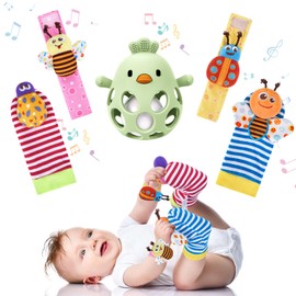 MCGMITT Baby Rattle Socks and Foot Finder Set, Educational Toy for Newborn 0-12 Months, Baby Shower Gift (Green Rattles)