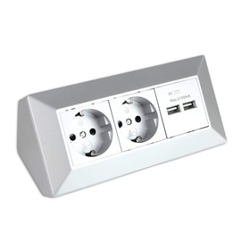 Socket Silver 2-Way with USB for Kitchen and Office - Corner Socket Made of High-Quality Plastic Ideal for Worktop, Table Socket or Undermount Socket with 2-Way Socket Element and
