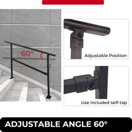 LFGUD 4 to 5 Steps Hand Rails for Outdoor Steps,Stair Railing Kit 60° Adjustable Wrought Iron Handrails Anti-Static Exterior Hand Rail for Concrete Steps, Porch Steps,Patio,68" x 44" Matte Black