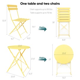 JOYBASE 3-Piece Patio Bistro Set, Steel Folding Table and Chairs with Seat Cushion for Indoor Outdoor Balcony Deck Porch Apartment (Yellow)
