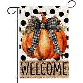 OQUAYA Fall Garden Flag 12x18 Inch Double Sided Outside, Autumn Pumpkin Welcome Seasonal Small Yard Outdoor Flag (Black-Polka-Dot-NO.10)