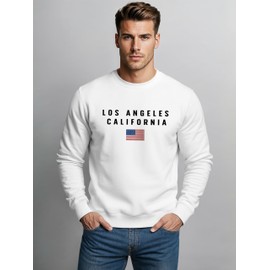 Neverless Sweatshirt Men's Printed Lettering California Los Angeles USA America Flag Crew Neck Jumper, California white, M