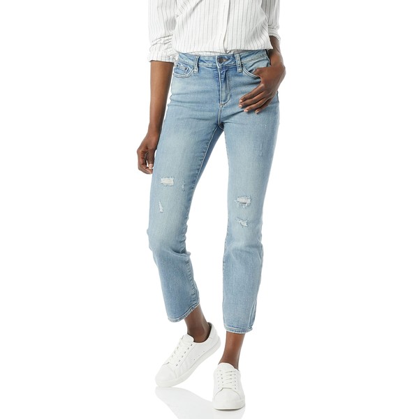 Goodthreads - Jeans rectos ajustados de talle alto para mujer, lavado de destrucción ligera, talla 24