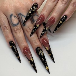 MISUD Stiletto Press on Nails Long Almond Fake Nails Glossy Glue on Nails Goth Black French Tip Acrylic Nails Sharp Arificial Nails Gold Star Moon False Nails with Design 24 pcs