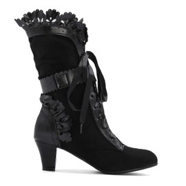 LanreyTaley Women Sweet Bow Boots Mid Heels Lace Up Moccasin Boot Mid Calf Lolita Slouch Boots Ruffle Boots Black Size 42 Asian