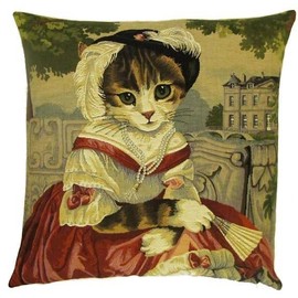 Yapatkwa Belgian Tapestries, Lady Chatterley Dressed Cat Decorative Woven Tapestry Pillow / Cushion Cover, 18" x 18"