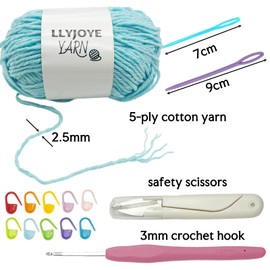 LLYJOYE 3 Pack Cotton Yarn for Crochet, 48g/100m Skein with Hook & Tools, Crochet Yarn Kit for Beginners, Crocheting Granny Squares, Amigurumi, Blanket