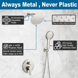 POP SANITARYWARE Shower Faucet Set Brushed Nickel 8 Inch Rain Shower Head and Handle Set Bathroom Rainfall Shower System Wall Mounted Shower Fixture Include Shower Valve and Trim Kit