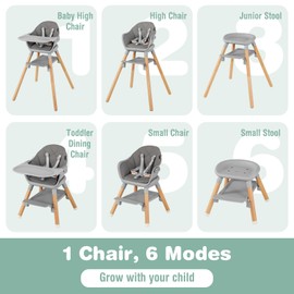 BABY JOY Baby High Chair, 6 in 1 Convertible Wooden Highchair for Babies & Toddlers with Adjustable Legs, Removable Double Tray, Safety Harness & Waterproof PU Cushion (Gray)