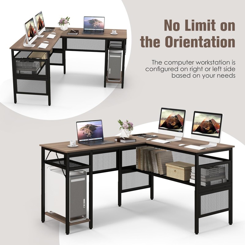 COSTWAY L Shaped Desk with Charging Station, 55” Reversible Corner