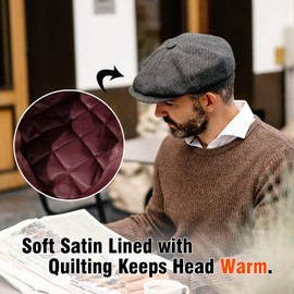 TOP-EX L/XL/XXL Merino Wool Tweed Newsboy Cap for Men 8 Panels Paperboy Warm Winter Hat Vintage Flat Ivy Cabbie Gatsby Cap Irish Golf Driving Hat Brown Herringbone XXXL